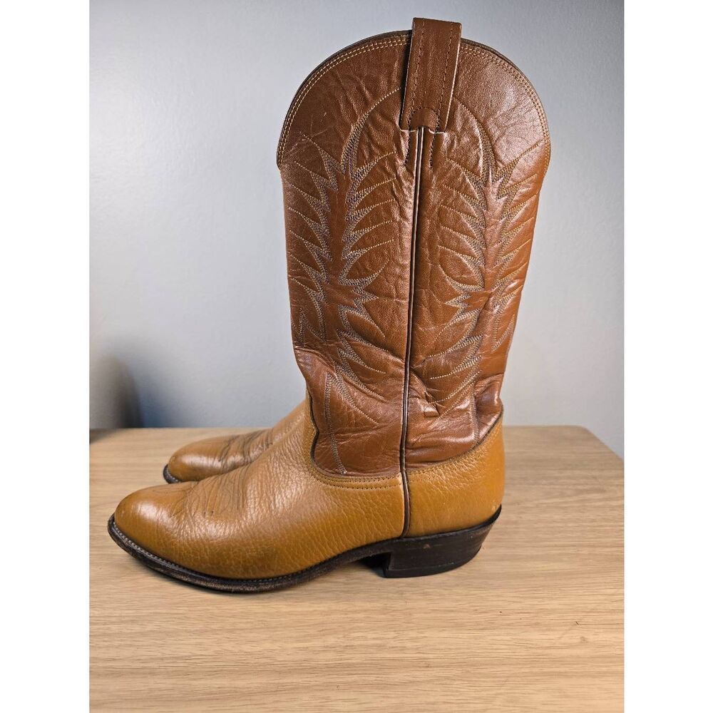Vintage 70s Nocona Cowboy Boots Cognac Brown Leather Western Stitching Mens 10 D